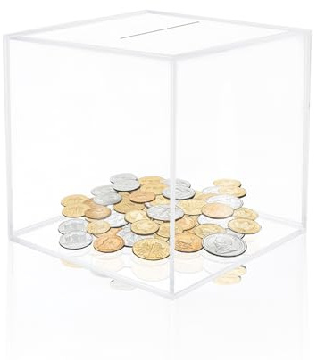Clear Acrylic Piggy Bank - Square Money Saving Box, 18 x 18 x 18cm