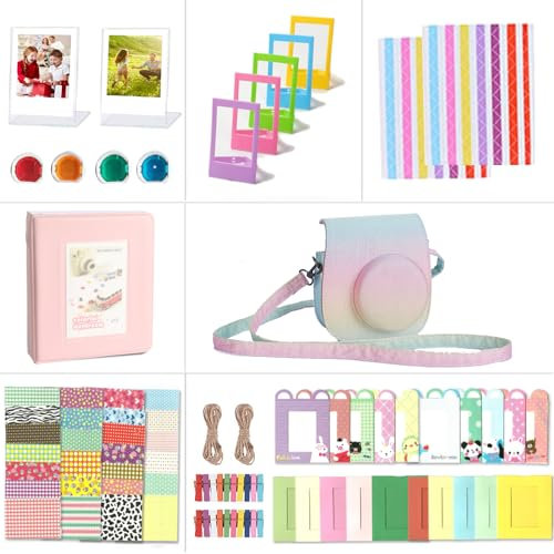 Riosin Accesorios compatibles con la Cámara Fujifilm Instax Mini 12, incluidos Funda Mini 12, álbumes, Filtros, Marcos y Pegatinas (Arcoiris Brillante)
