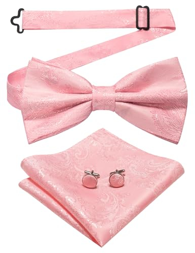 JEMYGINS Herren Fliege mit Cashewblütendesign Retro-Design mit Manschettenknöpfen und Einstecktuch,Rosa gesprenkelt
