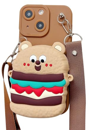 SGVAHY Wallet Case for iPhone 12 Mini Case Funny Phone Case Cute iPhone Case Creative Bear Burger with Lanyard Coin Purse Soft Rubber Bumper Shockproof Cover Protective Case for Women Girls Khaki