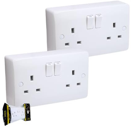 SH|P® CONVEX Range White 13A Electrical 2 Gang Switched Wall Socket and 25mm Surface Mount Pattress Box (2 Gang Socket + Back Box (2 Pack))