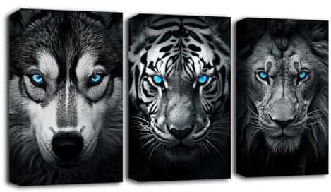 LZIMU Schwarz Weiß Tiere Wandbild 3er Set Wolf Tiger Löwe mit blauen Augen Leinwand Kunstdrucke Wildtierbild Wanddekoration für Büro (A, 60.00 x 90.00 cms x 3PCS)