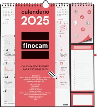 Finocam - Calendario Neutro de Pared Plus 2025 Mes Vista Enero 2025 - Diciembre 2025 (12 meses) Español
