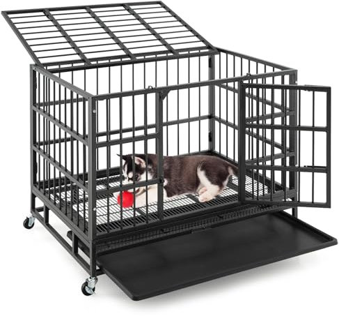 GYMAX 38''/48” Heavy-Duty Dog Crate, Foldable Dog Kennel Crate Lockable Wheels & Doors, Removable Tray, Indoor Outdoor Chew-Proof Pet Crate for Large Dogs (96 x 65 x 77cm)