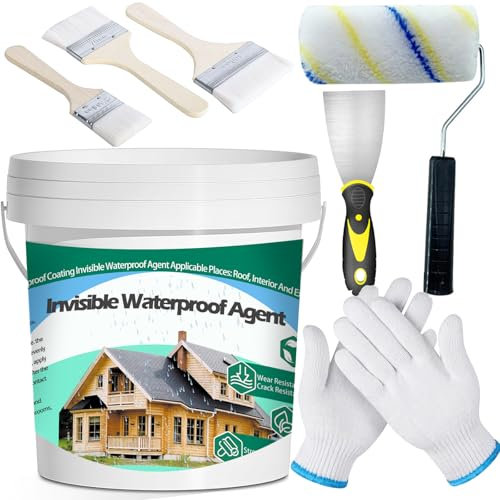 QUKLOGEN 102Fl.oz Invisible Waterproof Agent Indoor&Outdoor Waterproof Coating Set Transparent Liquid Sealant with Wooden Brush Resistant Work Gloves Putty Shovel Cut Paint Roller