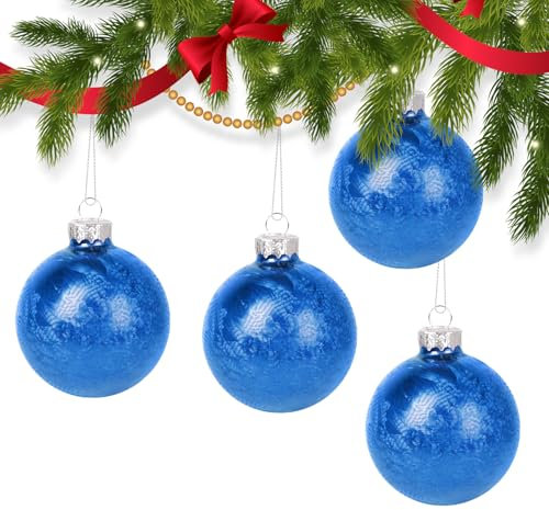 Weihnachtskugeln Blau Glaskugeln mit Eislack Oberfläche, 16 Stück Blaue Christbaumkugeln aus Glas Ø 6cm mit Aufhänger, Handgefertigt Modernes und Industrial Weihnachtsdeko für Christbaum