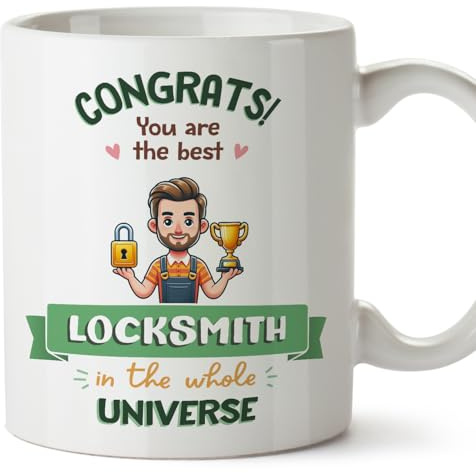 MUGFFINS Locksmith Man Mug - in English - Best in Universe Trophy - Funny Gift for Colleagues - Ceramic 11oz Mug