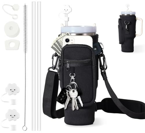 Wasserflaschenhalter Tasche für Stanley Tumbler, Tasche für Stanley Cup 1.2L / 40oz Cup Zubehör, mit Handyfach, Karabiner und Verstellbarem Schultergurt, Geeignet Zum Wandern Laufen RadfahrenWasserfla