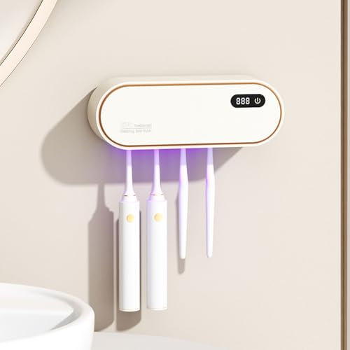 mumisuto UV Sanitizer Zahnbürstenhalter Wand Ohne Bohren mit Trocknungs & Timerfunktion, 1800mAh Wiederaufladbare Toothbrush Holder, 4 Schlitze Badezimmer Zubehör für Kinder & Erwachsene (Weiß)