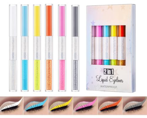 KARLOR 2-in-1 bunte Eyeliner Stift Set, 6 Stück matte und glitzer Eyelinerstift farbig wasserfest flüssig Eyeliner Ultrafein Schimmer Neon Lidschatten Liquid Glitzer Augenmakeup langhaltend