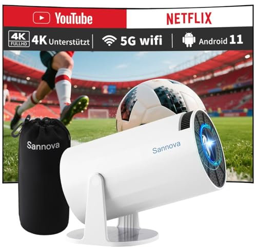 Sannova Mini Beamer, Projektor 4k 1080P Unterstützt, 5G WiFi, 200 ANSI, Android 11, Automatischer Trapezkorrektur, 180° Drehfunktion – Tragbare Smart Heimkino Projektor mit Stoßfester Transporttasche