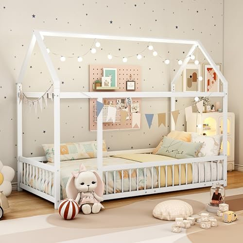 NomadNomics Hausbett Bodenbett 90x200 cm mit Himmel & Rausfallschutz | Metall-Bett 120 kg Tragkraft |für Schlafzimmer Gitterbett und Prinzessinnenzimmer Toddler Bed (Weiß)