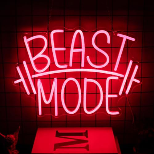Beast Mode Neon Schild Für Wanddekoration Rote Buchstaben LED Neonlicht Dimmbares Gym Neonzeichen Hantel LED Neon Leuchtreklame Fitnessstudio Deko Für Schlafzimmer Gym Sportraum Fitnessclub