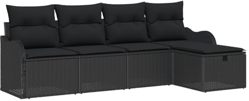 vidaXL Garten-Sofa-Set mit Kissen 5 pcs Schwarz Poly Rattan, Zeitgemäße Garten- und Terrassensofa-Gruppe, modulare Möbel, verstellbare Füße, langlebige Rattan-Couch, Loungesitz
