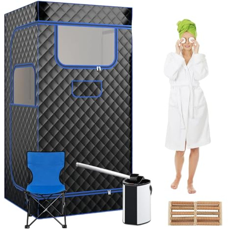 Kensbro Tragbare Dampfsauna für Zuhause, Mini Sauna für Zuhause mit Klappstuhl & Fußmassagegerät, Neun Temperatureinstellungen mit Timer(Schwarz)