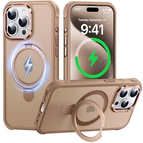 AurySharled Hülle für iPhone 15 pro mit Unsichtbarem Magnetisch Ständer, Militärischer Fallschutz, rutschfest, Anti Fingerabdruck Kratzer, Stoßfeste Matte Handyhülle (Braun)