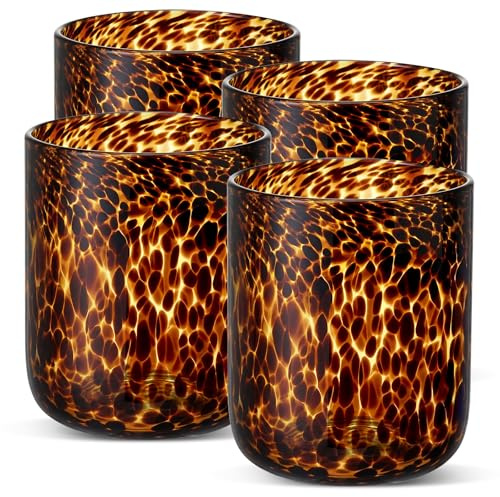 Honeydak Set of 4 Tortoise Leopard Glasses Cup Brown Rock Tumbler 10 oz | Tortoise Shell Drinking Glasses, Aesthetic Cocktail Glassware,Stylish Stemless Design, for Gin, Tequila, Vodka, Soft Drinks