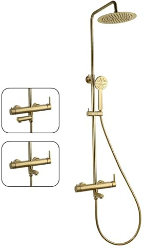 Edouard Rousseau - Columna de Ducha Termostática Oro Cepillado - Rociador 250 mm Orientable - Ducha de Mano 3 Chorros - Tubo Telescópico - Flexible 1,5 m