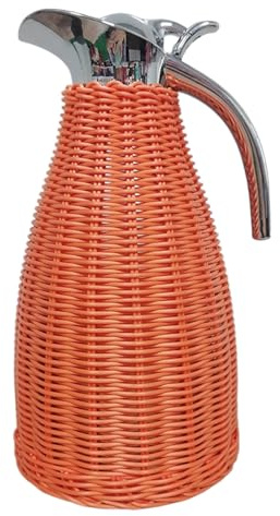 1.5/2 Litre Hot Water Tea Dispenser，Stainless Steel Coffee Thermal Jug with Hand-Woven Rattan Cover，Thermal Jug for Cold and Hot Beverages，Retention 24h (Size:1.5 Litre/50 Oz,Color:Orange)