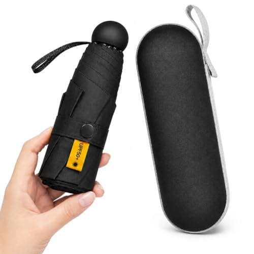 Mini Folding Umbrella with Case, Pocket Sized Lightweight Portable Umbrella, Light Compact Rain Umbrella for Travel Outdoor Daily Use, Small Sun Rain Pocket Umbrella for Girls and Women men (Black)