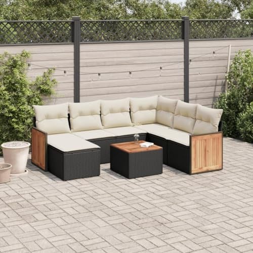 QJBSAVVA 8tlg. Rattan-Eckgarnitur Schwarz: Eck- & Mittelsofa, Tisch, Hocker mit Stauraum, Akazienplatte, Cremekissen, wetterfest, modular