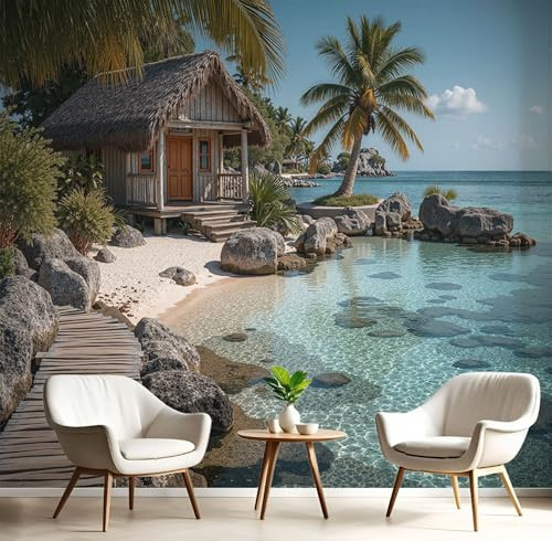 ANALTIRCE 3D Effect Maldives Palm Trees Mural Wallpaper for Living Room Bedroom Decor, Vacation Log Cabin Wall Art, Non-Woven Photo Wallpaper Wall Mural for Kitchen Hallway, 250×175cm