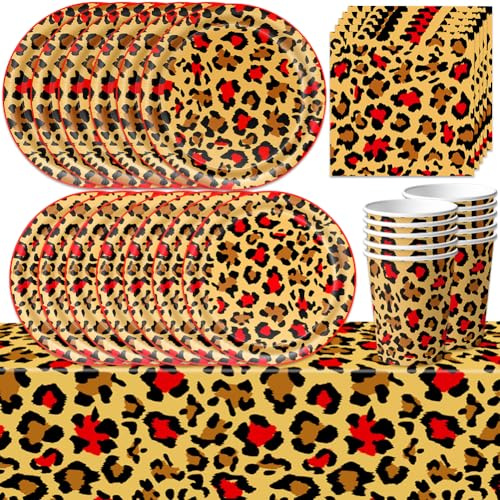 Cheetah Birthday Party Decoration,Leopard Print Birthday Tableware Set,Tablecloth,Plates,Cups,Tissues, Beast Leopard Birthday Party Decorations-10 person (leopard print red)