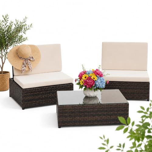 Mucola Gartenmöbel Set Polyrattan 2 Sessel mit Tisch Liegefunktion Braun | Verstellbare Rückenlehnen, als Liege 150x75 cm nutzbar, 5 cm starke Polster, stabiles Metallgestell, wetterfest, Wintergarten