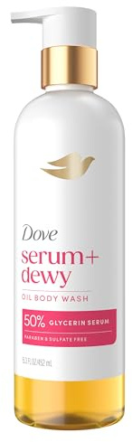 Dove Serum+ Shower Oil Body Wash with Coconut & Geranium Oil, Dewy Hydrating Cleanser for Soft Skin, 15.3 fl oz