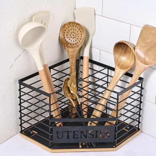 maulehua Large Kitchen Utensil Holder with 4 Compartments,Corner Utensil Caddy for Countertop With Waterproof and non-slip silicone mat.