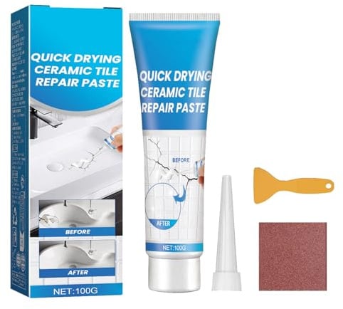 GNAUMORE Waschbecken Reparaturset Keramik Weiß,Fliesenreparaturset Weiß,Schnelle Reparatur Von Rissen,Fliesen,Für Waschbecken,Dellen,Risse,Löcher Und Kratzer,100G