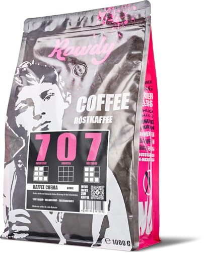 Rowdy Kaffee Nr. 707 (1000g / ganze Bohne) I Caffè Crema 100 Prozent Arabica aus Brasilien & Kolumbien I Kräftig nussig mit Kakao I Für Kaffeevollautomat, Siebträger & Kaffeemaschine