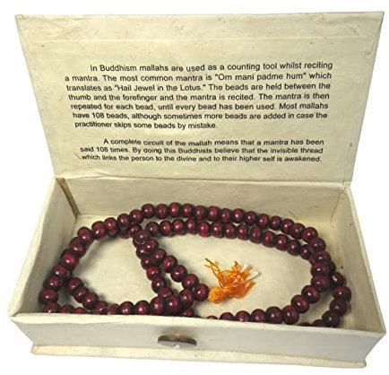 GeoFossils Mala de 108 pièces en bois rose, ronde, dans une boîte de méditation bouddhiste
