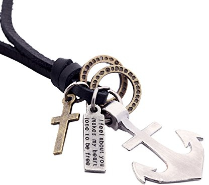 DonDon Herren Lederhalskette schwarz mit einem Anker, Ringen, Kreuz und Schrift Tag in einem schwarzen Beutel