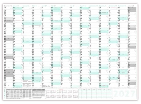 XXXL Wandkalender 2027 - Sehr groß im DIN B0 Format (1,4 x 1,0 m) mit extra großen Tageskästchen, Schulferien, Jahresvorschau Folgejahr (gerollt) Farbe türkis