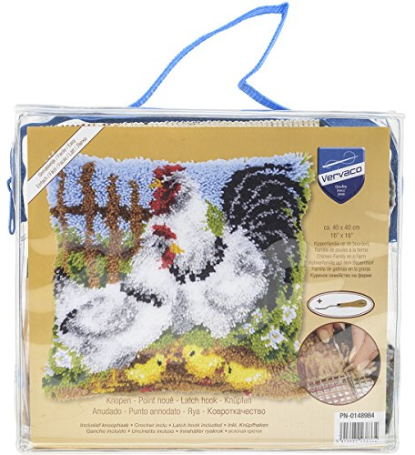 Vervaco Knüpfkissen Set Deko Kissenbezug Knüpfset für Anfänger HÜHNERFAMILIE Basteln Erwachsene Kreativ DIY Handarbeit Kissen zum Selber Knüpfe 40 x 40 cm Latch Hook Kit Knüpfhaken Set Kissen
