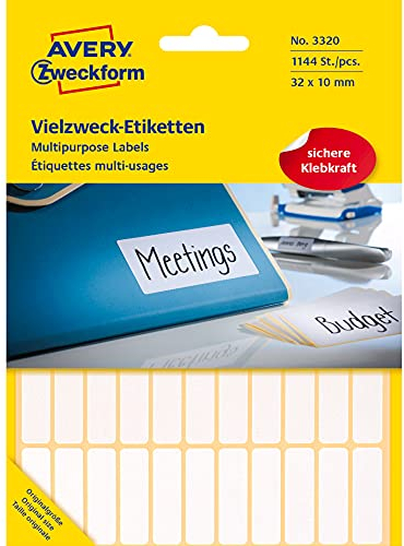 Avery Zweckform 3320 Haushaltsetiketten selbstklebend (31x10mm, 1.144 Aufkleber auf 26 Bogen, Vielzweck-Etiketten für Haushalt, Schule und Büro zum Beschriften und Kennzeichnen) blanko, weiß