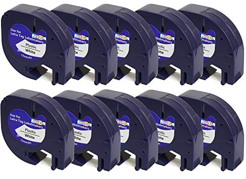 Prestige Cartridge 10 x Kunststoff-Etiketten 91201 S0721610 S0721660 schwarz auf weiß (12mm x 4m) kompatibel für DYMO LetraTag LT110T, LT100H, LT100T, QX50, XR, XM, 2000