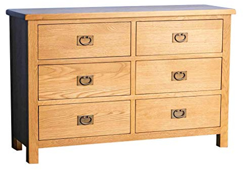 RoselandFurniture Surrey Oak Large 6 Drawer Chest of Drawers for Bedroom | Fully Assembled, Wooden Storage for Clothes, Wide Waxed Solid Wood Finish, Traditional Rustic Style, H78cm W120cm D38cm