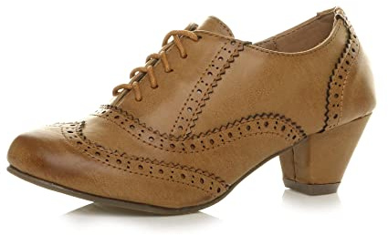 Ajvani Womens Ladies mid Block Heel Cut Out lace up Brogue Shoe Boots Booties, Tan Matte Brogue, 9 UK