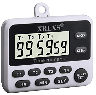 XREXS Minuteur de Cuisine, Minuteur Digital avec 4 Canaux (T1 à T4), Minuteur Cuisine Aimanté, Timer avec Horloge, Écran LCD et Alarme, avec Dos Magnétique, Support Pliable (Batterie Incluse)
