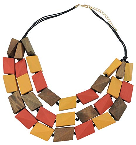 Coiris Halskette für Damen, 3 Lagen, große facettierte Holzperlen, Statement-Halskette für Frauen, klobiges Halsband (N0018) (red+yellow+brown)