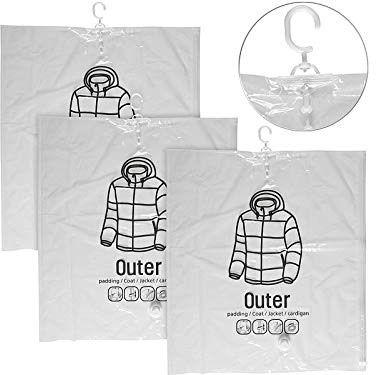 infactory Vakuum Kleidersack: 3er-Set Vakuum-Kleiderbeutel zur Saug-Kompression, mit Bügelhaken (Vakuumbeutel Kleiderbeutel, Vakuumbeutel mit Kleiderhaken, wasserdichte Taschen)