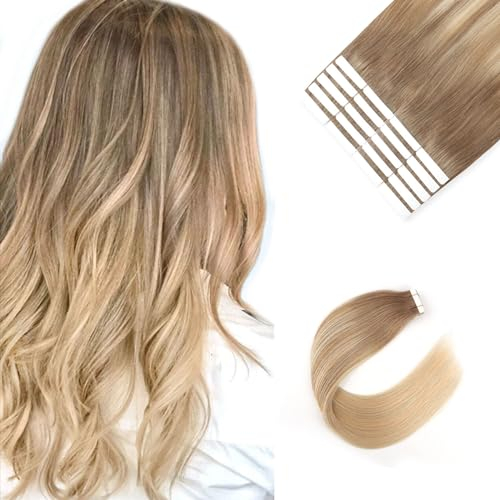 Sixstarhair Tape Extensions Echthaar 35cm 50g 20pcs Tape In Haarverlangerung Kurz Haar Balayage Aschbraun Verblasst Zu Schmutzigem Blond Highlight Aschblond #8/18/60
