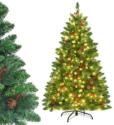 COSTWAY Albero di Natale 135/195 cm, Albero di Natale con 300/450 Luci Incorporate Bianco Caldo, 516/1100 Rami, 32/56 Pigne e 32/56 Bacche Rosse e Base in Metallo, Verde (135cm)