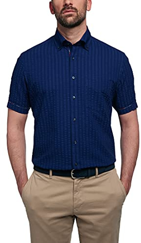 ETERNA Regular Fit Casual Hemd Halbarm Button Down Kragen Seesucker dunkelblau Größe 42
