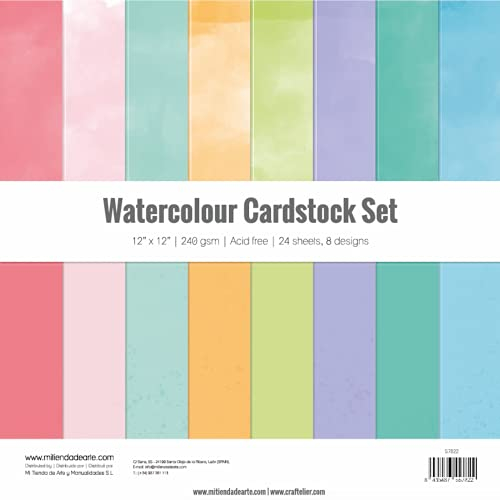 Craftelier - Karton-Set Aquarell | Packung mit 24 doppelseitigen Karton für Kartenherstellung, Scrapbooking und Bastelprojekte | Gewicht 240 Gramm | Größe 30,48 cm x 30,48 cm (12 x 12)