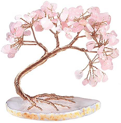 Nupuyai 7.6cm Quartz Rose Naturelle Arbre d'argent sur Base de Tranches d'agate, Arbre de Vie Reiki Feng Shui Cristal Cadeau de Mariage et Décor de Bureau à Domicile pour la Bonne Chance