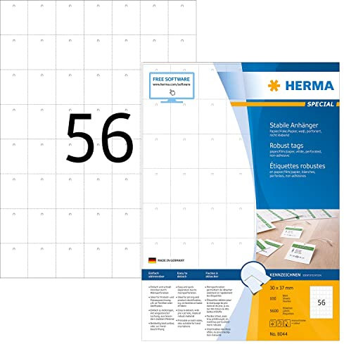 HERMA 8044 Stabile Anhänger perforiert, 1400 Blatt, 30 x 37 mm, 56 pro A4 Bogen, 78400 Stück, bedruckbar, matt, blanko Preisanhänger Produktanhänger aus Papier/Folie/Papier-Verbund, weiß