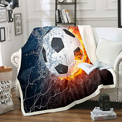 Loussiesd 3D Fu?Ball Druck Decke 100x130cm Wohndecke EIS Feuer Fu?ballmuster für Kinder Mädchen Jugendliche Sport Thema Flanell Fleecedecke Ultra Sanft Mikrofaser Kuscheldecke